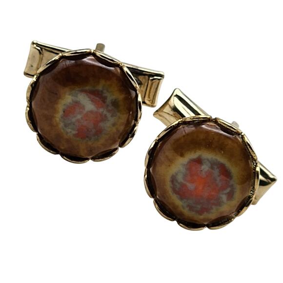 Antique Vintage Fire Opal Gold Cufflinks Cuff Links - Picture 2 of 4